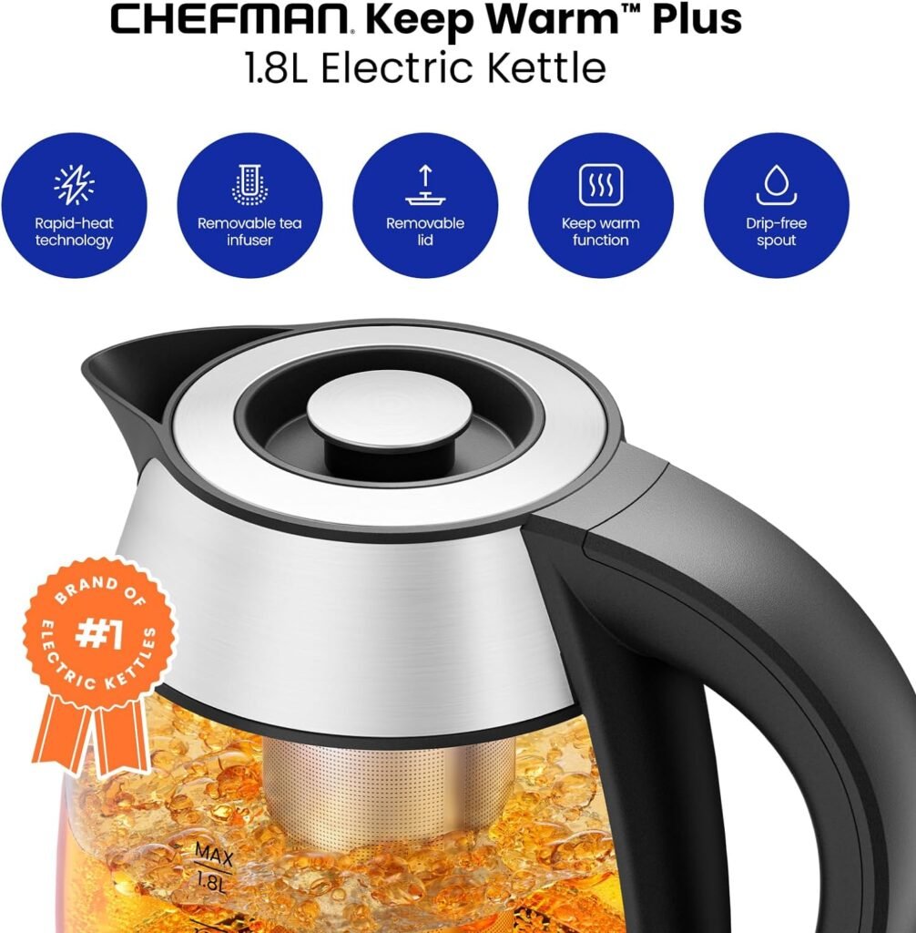 Chefman Electric Kettle, 1.8L 1500W, Hot Water Boiler, Removable Lid for Easy Cleaning, Auto Shut Off, Boil-Dry Protection, Stainless Steel Filter, BPA Free, Borosilicate Glass Electric Tea Kettle