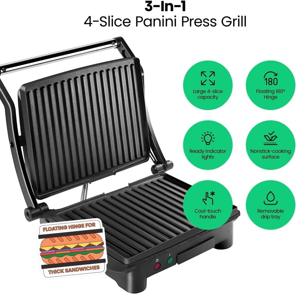 Chefman Panini Press Grill and Gourmet Sandwich Maker Non-Stick Coated Plates, Opens 180 Degrees to Fit Any Type or Size of Food, Stainless Steel Surface and Removable Drip Tray, 4 Slice, Black