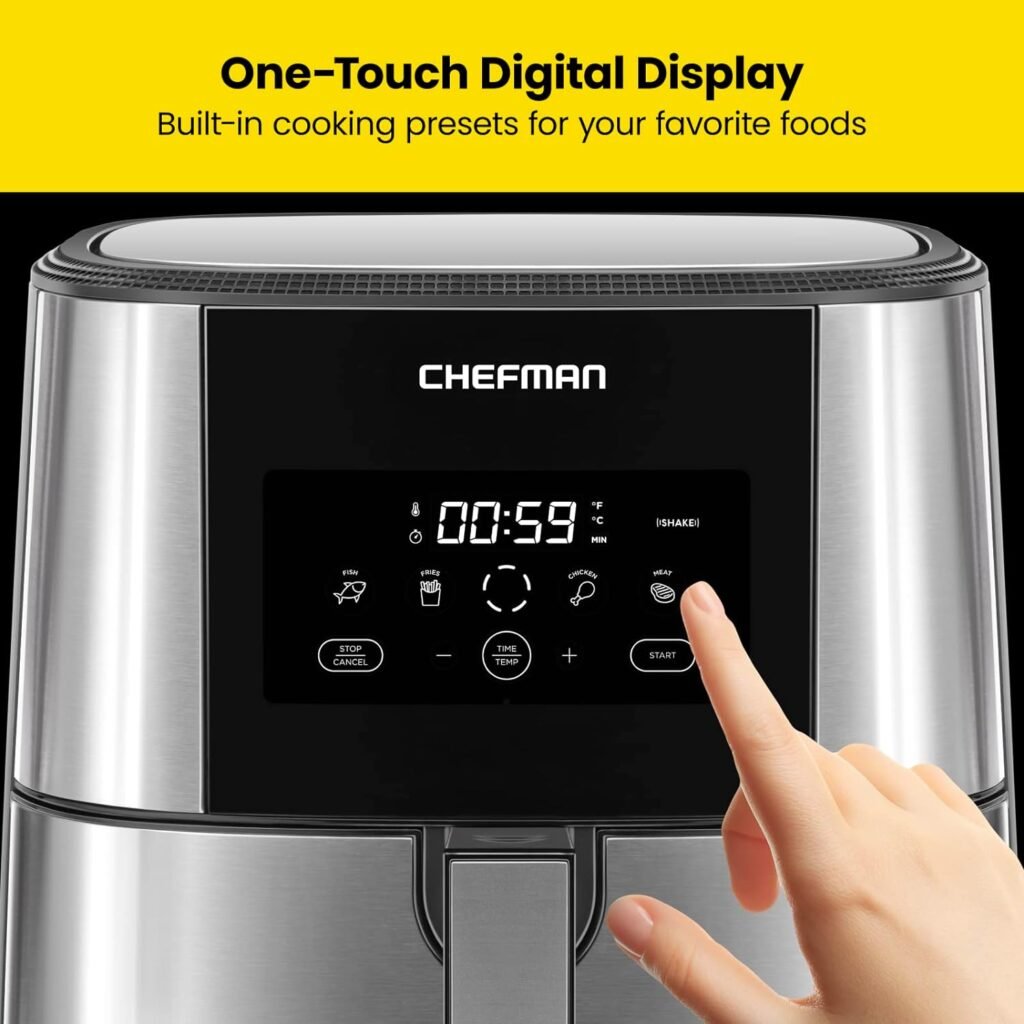 Chefman TurboFry® Touch Air Fryer, XL 8-Qt Family Size, One-Touch Digital Control Presets, French Fries, Chicken, Meat, Fish, Nonstick Dishwasher-Safe Parts, Automatic Shutoff, Stainless Steel