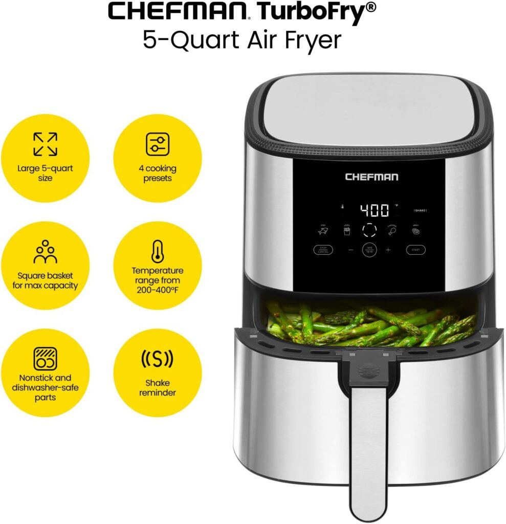 Chefman TurboFry® Touch Air Fryer, XL 8-Qt Family Size, One-Touch Digital Control Presets, French Fries, Chicken, Meat, Fish, Nonstick Dishwasher-Safe Parts, Automatic Shutoff, Stainless Steel