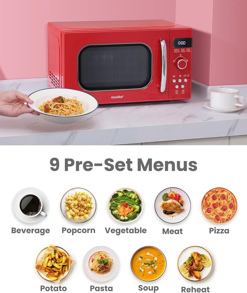 COMFEE CMO-C20M1WH Retro Microwave with 11 power levels, Fast Multi-stage Cooking, Turntable Reset Function Kitchen Timer, Speedy Cooking， Weight/Time Defrost, Memory function, Children Lock, 700W