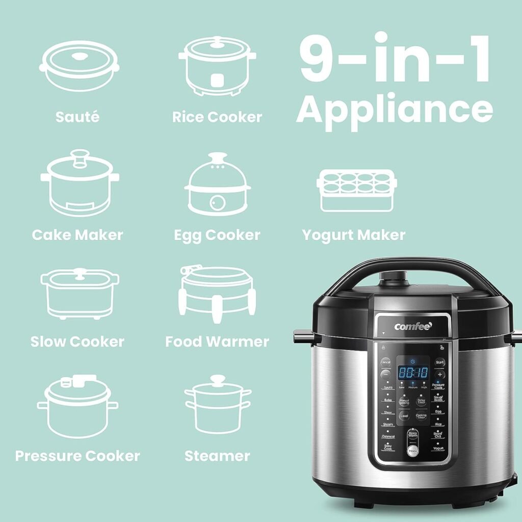 COMFEE’ Pressure Cooker 6 Quart with 12 Presets, Multi-Functional Programmable Slow Cooker, Rice Cooker, Steamer, Sauté pan, Egg Cooker, Warmer and More