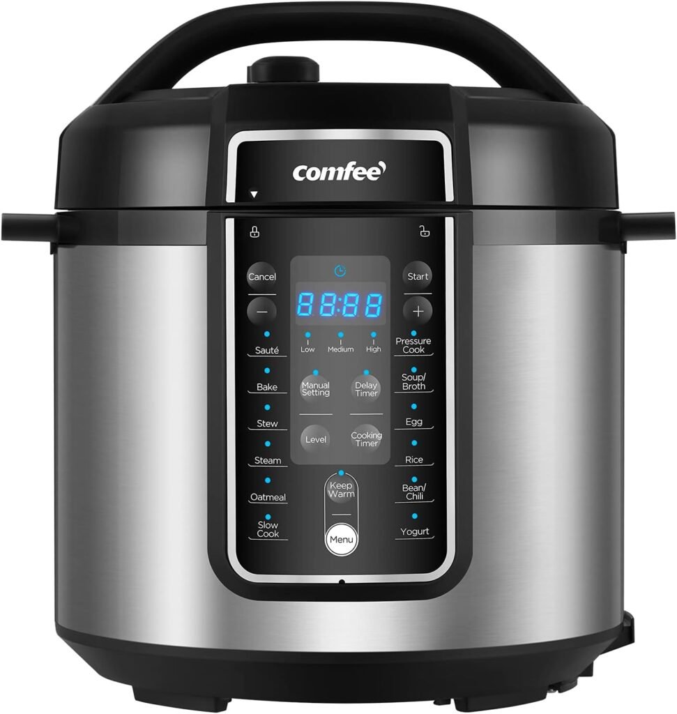 COMFEE’ Pressure Cooker 6 Quart with 12 Presets, Multi-Functional Programmable Slow Cooker, Rice Cooker, Steamer, Sauté pan, Egg Cooker, Warmer and More