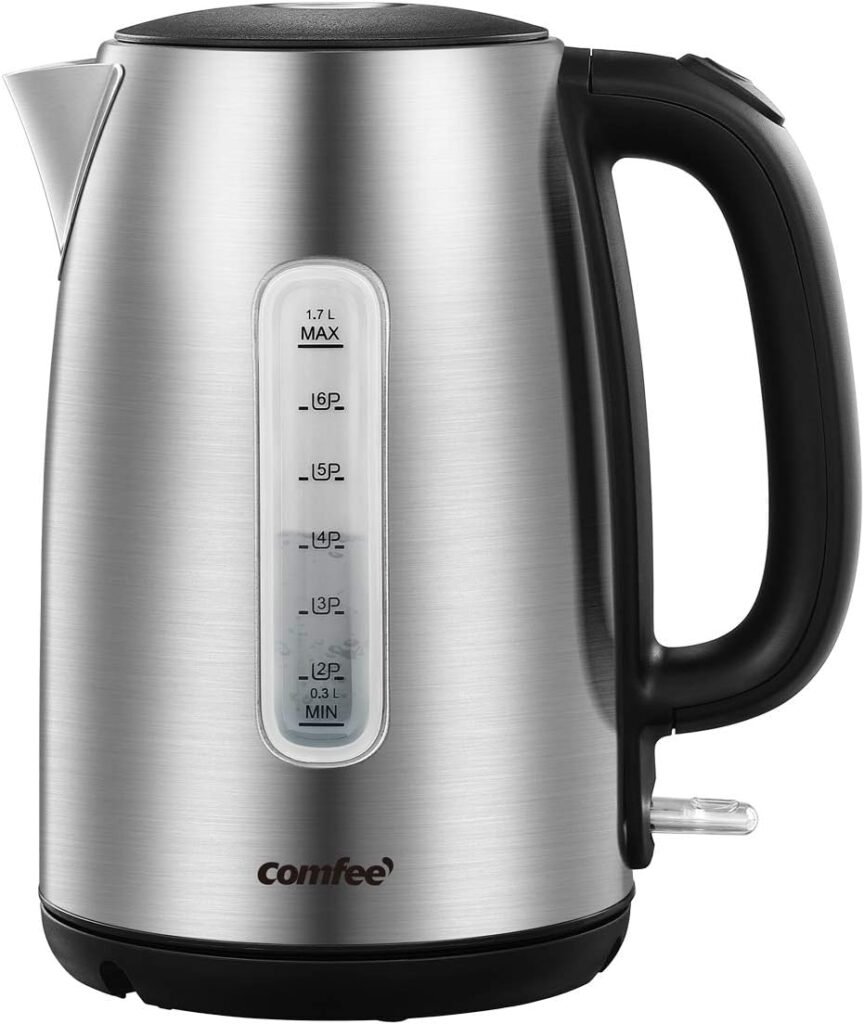 COMFEE Stainless Steel Cordless Electric Kettle. 1500W Fast Boil with LED Light, Auto Shut-Off and Boil-Dry Protection. 1.7 Liter