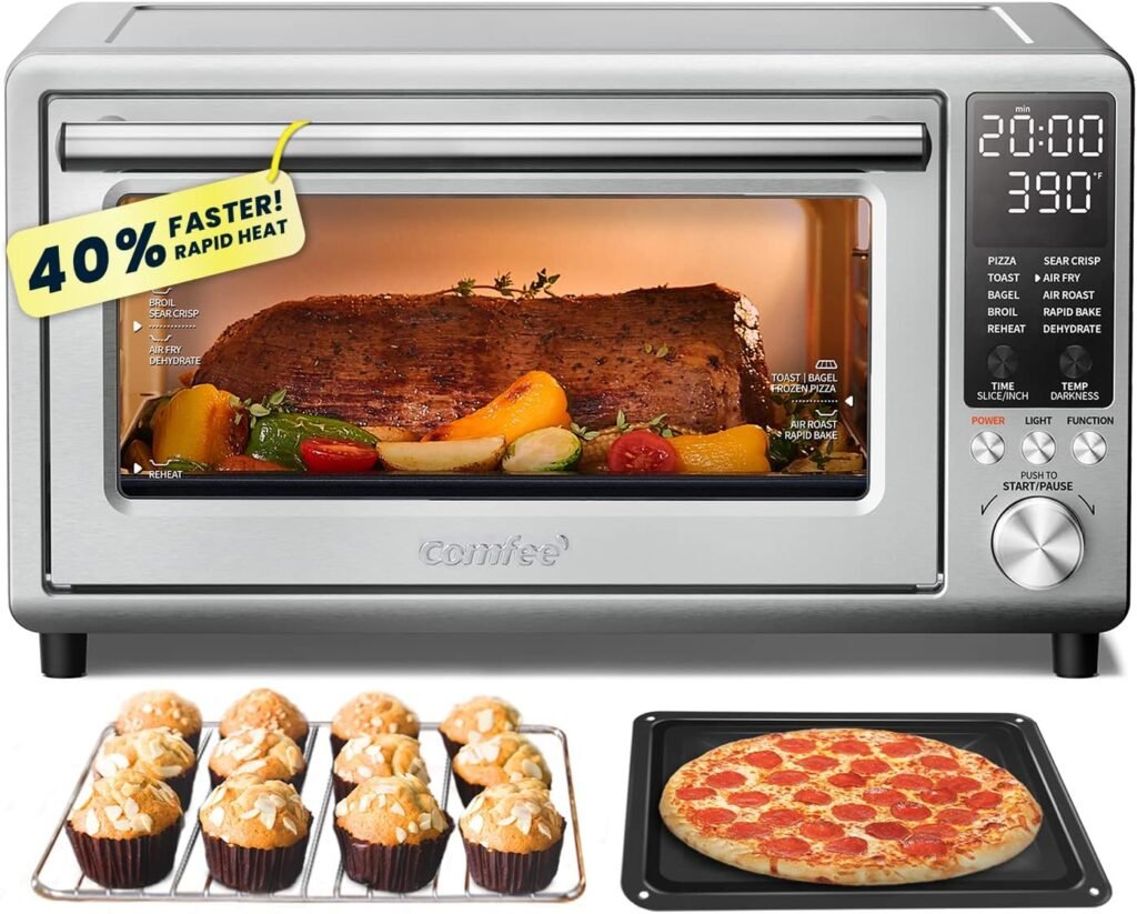 COMFEE Toaster Oven Air Fryer Combo, 12-in-1 Air Fryer Oven with Rotisserie, 6 Slice Toast 12 Pizza, Double Layer, Countertop Convection, 25L/26.4QT, Precise Temp Control, 6 Accessories