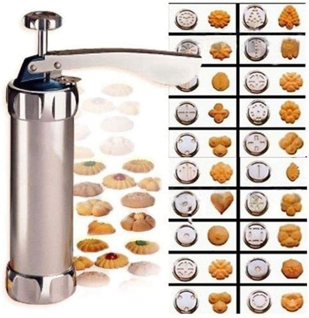 Cookie Press Maker Kit for DIY Biscuit Maker and Decoration with 8 Stainless Steel Cookie discs and 8 nozzles (Stainless Steel)