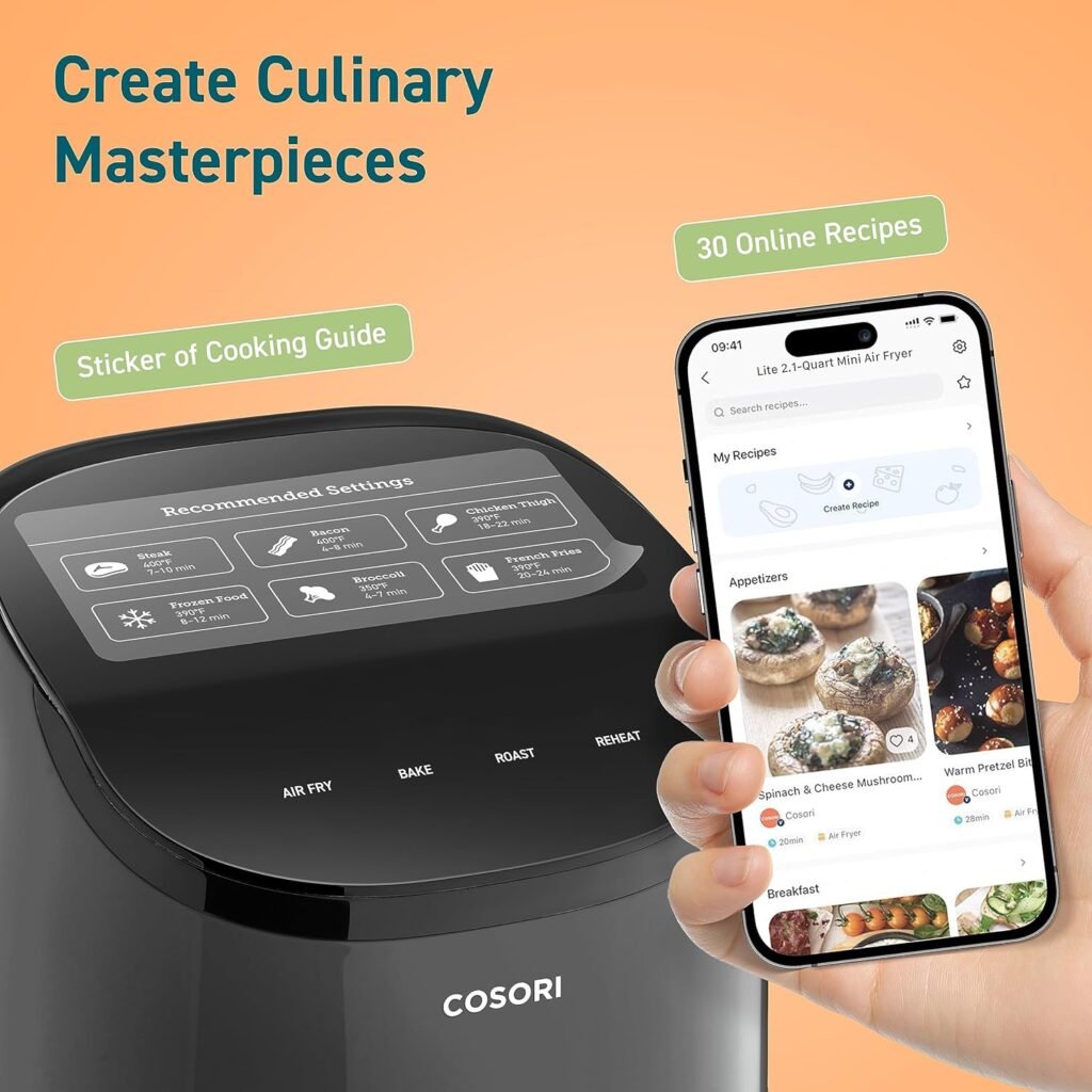 Cosori Mini Air Fryer 2.1 Qt, 4-in-1 Small Airfryer, Bake, Roast, Reheat, Space-saving  Low-noise, Nonstick and Dishwasher Safe Basket, 30 In-App Recipes, Sticker with 6 Reference Guides, Gray