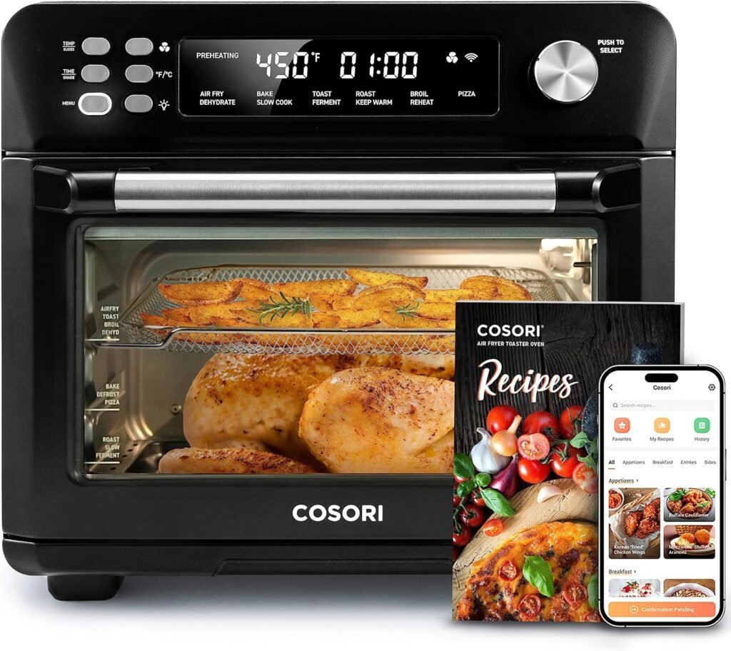 COSORI Smart 12-in-1 Air Fryer Toaster Oven Combo, Airfryer Convection Oven Countertop, Bake, Roast, Reheat, Broiler, Dehydrate, 75 Recipes  3 Accessories, 26QT, Black-Stainless Steel