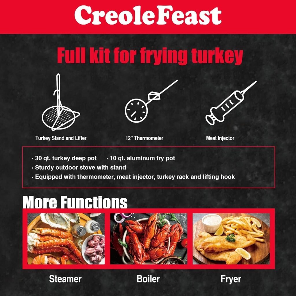 CreoleFeast TFS3010 Propane 30 Qt. Turkey and 10 Qt. Fish Fryer Boiler Steamer Set, 50,000 BTU Burner, Ideal for Outdoor Cooking