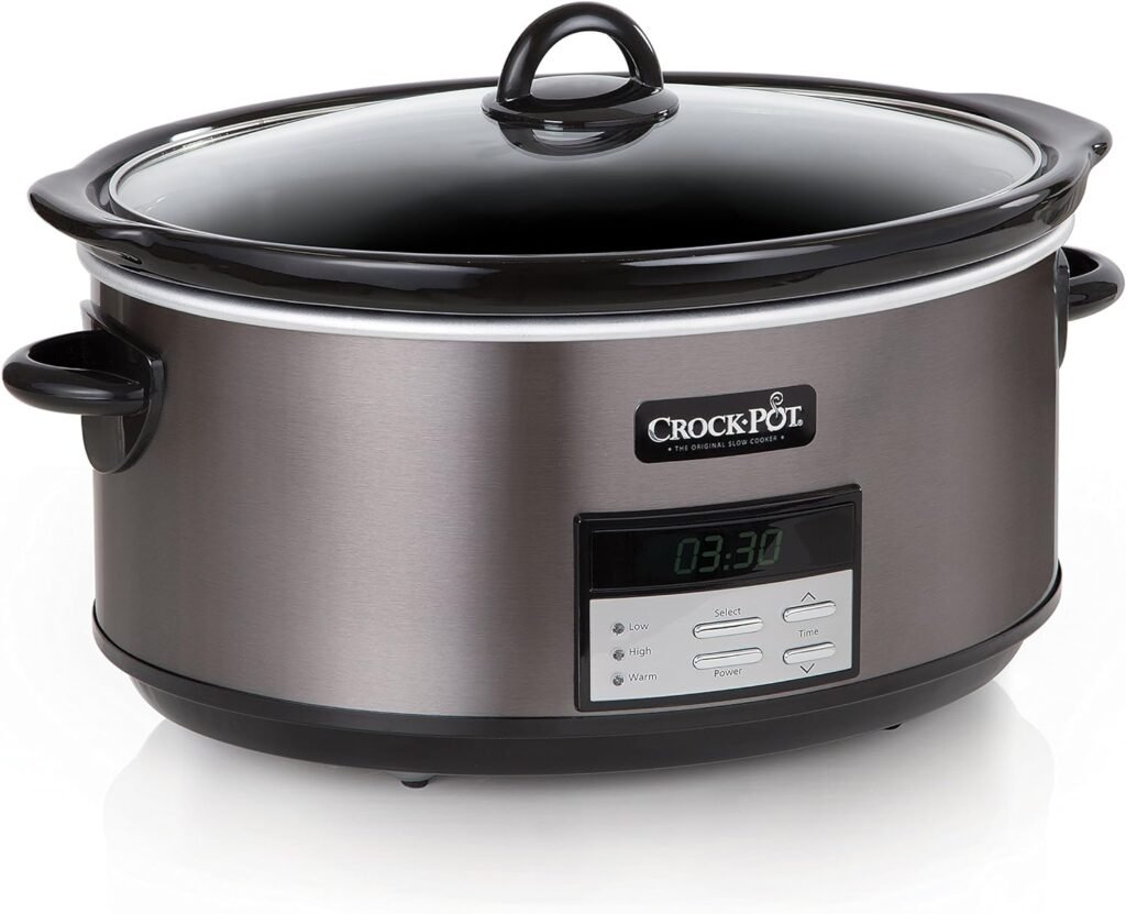 Crock-Pot Large 8 Quart Programmable Slow Cooker with Auto Warm Setting and Cookbook, Black Stainless Steel