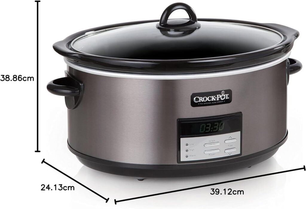 Crock-Pot Large 8 Quart Programmable Slow Cooker with Auto Warm Setting and Cookbook, Black Stainless Steel