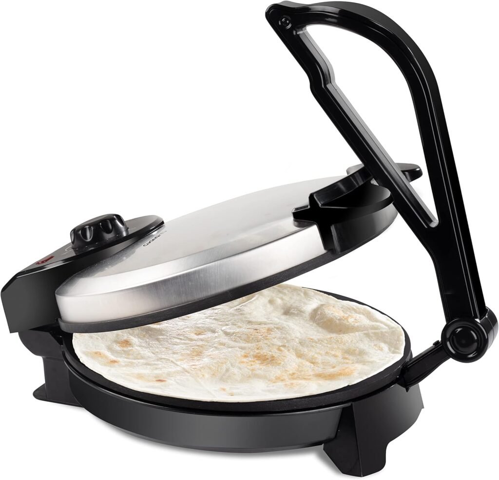 CucinaPro Electric Tortilla Maker - 10 Pitas, Chapati, Roti, Flatbread, Non-Stick Cooking Plates with Ready Light and Cord Wrap