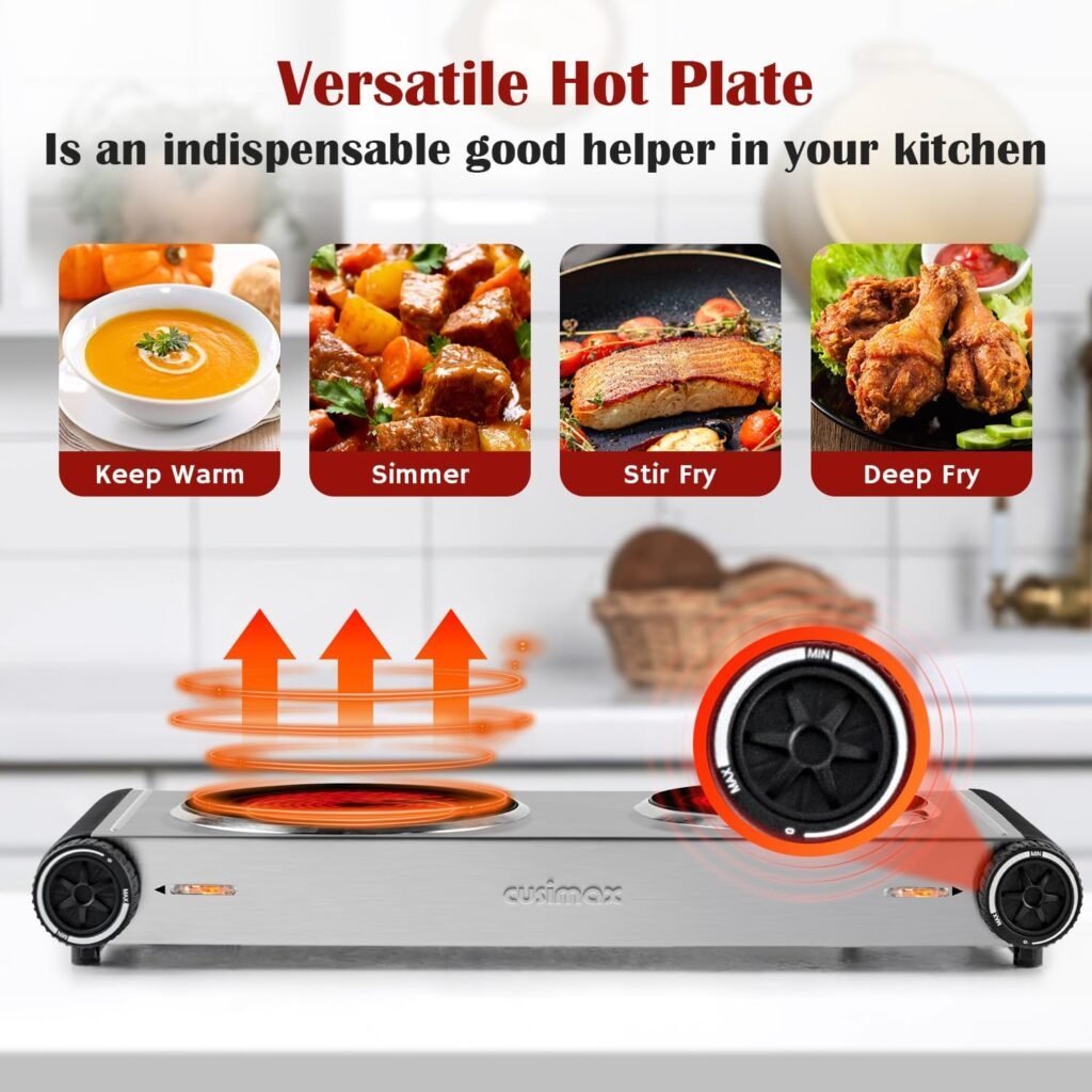 Cusimax Hot Plate Electric Burner Single Burner Cast Iron hot plates for cooking Portable Burner 1500W with Adjustable Temperature Control Stainless Steel Non-Slip Rubber Feet, Upgraded Version