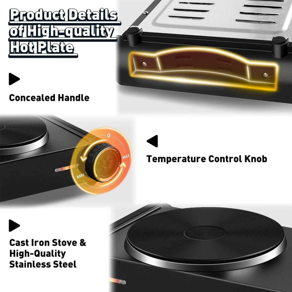 Cusimax Hot Plate Electric Burner Single Burner Cast Iron hot plates for cooking Portable Burner 1500W with Adjustable Temperature Control Stainless Steel Non-Slip Rubber Feet, Upgraded Version