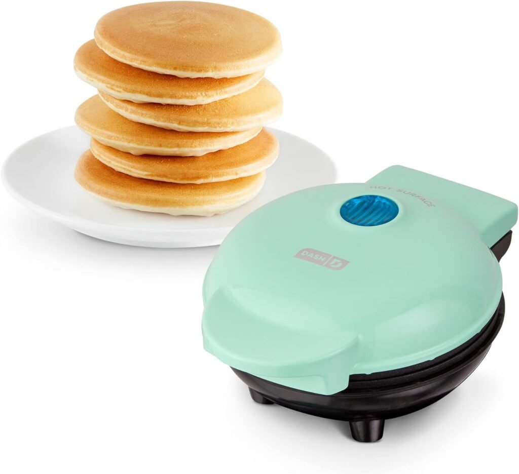 DASH Mini Maker Electric Round Griddle for Individual Pancakes, Cookies, Eggs  other on the go Breakfast, Lunch  Snacks with Indicator Light + Included Recipe Book - Aqua,4 Inch