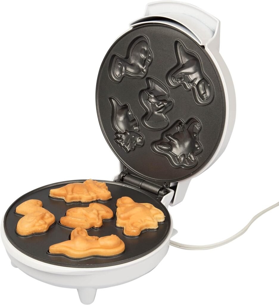 Dinosaur Mini Waffle Maker - 5 Different 3D Shaped Dinos in Minutes- Fun Breakfast for Kids, Adults w Cool Novelty Pancakes, Electric Non-Stick Waffler Iron w Recipe Guide, Easter Basket Stuffer Gift