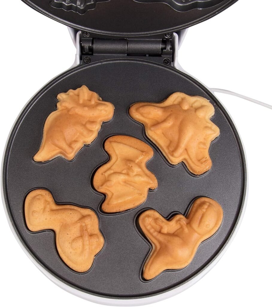 Dinosaur Mini Waffle Maker - 5 Different 3D Shaped Dinos in Minutes- Fun Breakfast for Kids, Adults w Cool Novelty Pancakes, Electric Non-Stick Waffler Iron w Recipe Guide, Easter Basket Stuffer Gift