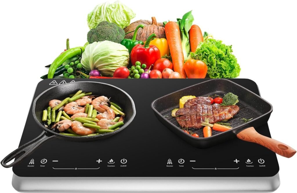 Double Induction Cooktop Burner with Fast Warm-Up Mode, 1800w 2 Induction Burner with 10 Temperature 9 Power Settings, Portable Dual Induction Cooker Cooktop with Child Safety Lock  Time