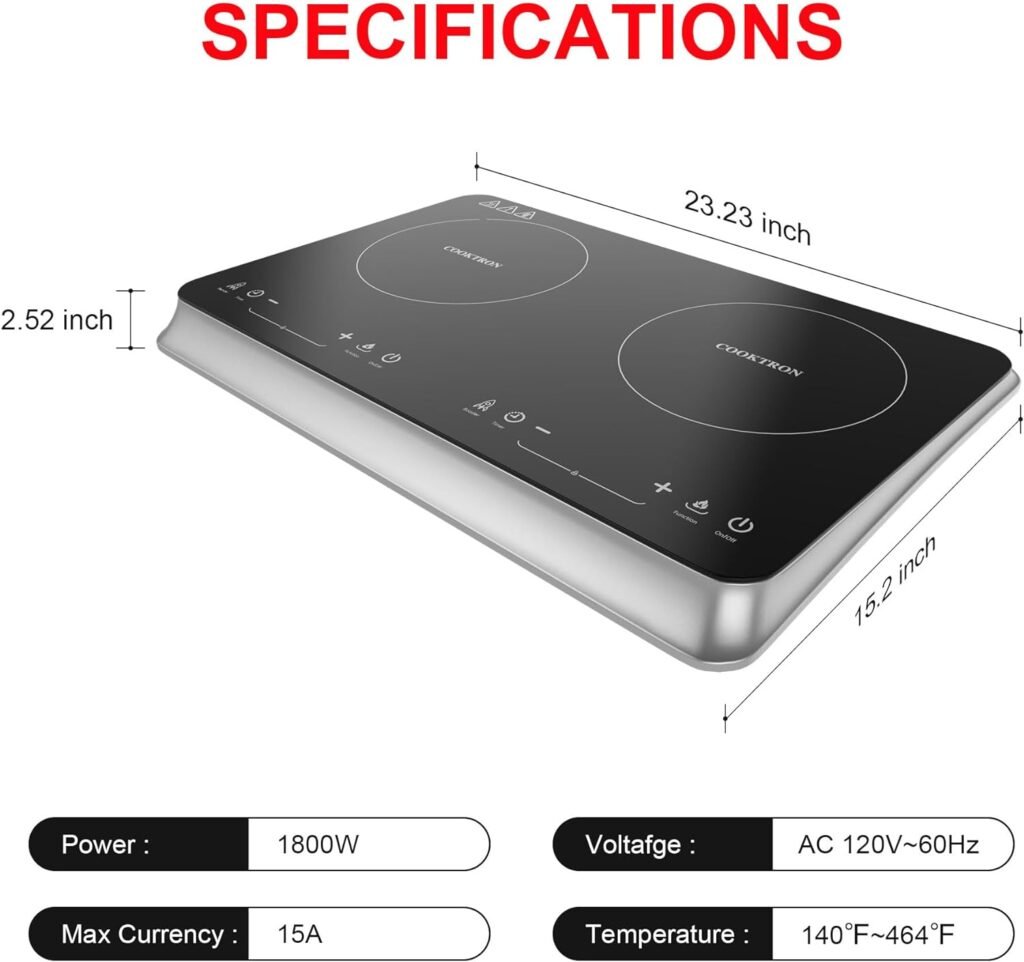 Double Induction Cooktop Burner with Fast Warm-Up Mode, 1800w 2 Induction Burner with 10 Temperature 9 Power Settings, Portable Dual Induction Cooker Cooktop with Child Safety Lock  Time