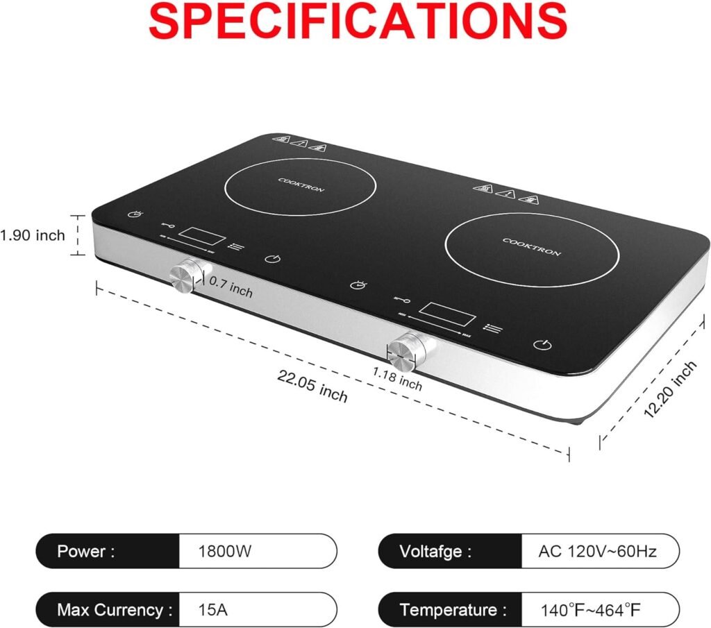 Double Induction Cooktop Burner with Fast Warm-Up Mode, 1800w 2 Induction Burner with 10 Temperature 9 Power Settings, Portable Dual Induction Cooker Cooktop with Child Safety Lock  Time