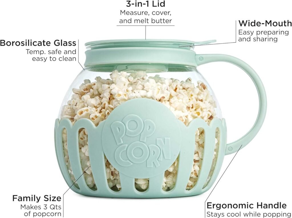 Ecolution Patented Micro-Pop Microwave Popcorn Popper with Temperature Safe Glass, 3-in-1 Lid Measures Kernels and Melts Butter, Made Without BPA, Dishwasher Safe, 3-Quart, Red