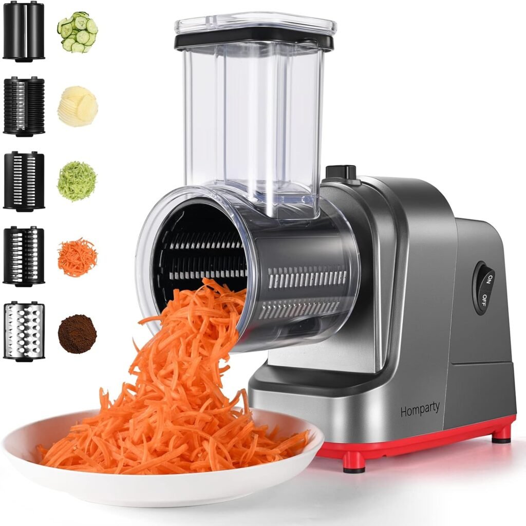 Electric Cheese Grater, 250W Professional Electric Slicer Shredder, Electric Salad Machine for Fruits, Vegetables, Cheeses, Salad Maker with 5 Free Attachments, Upgraded in 2023