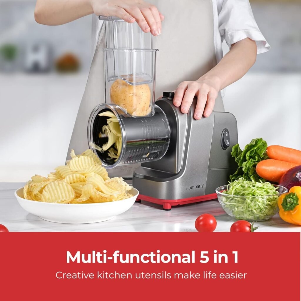 Electric Cheese Grater, 250W Professional Electric Slicer Shredder, Electric Salad Machine for Fruits, Vegetables, Cheeses, Salad Maker with 5 Free Attachments, Upgraded in 2023