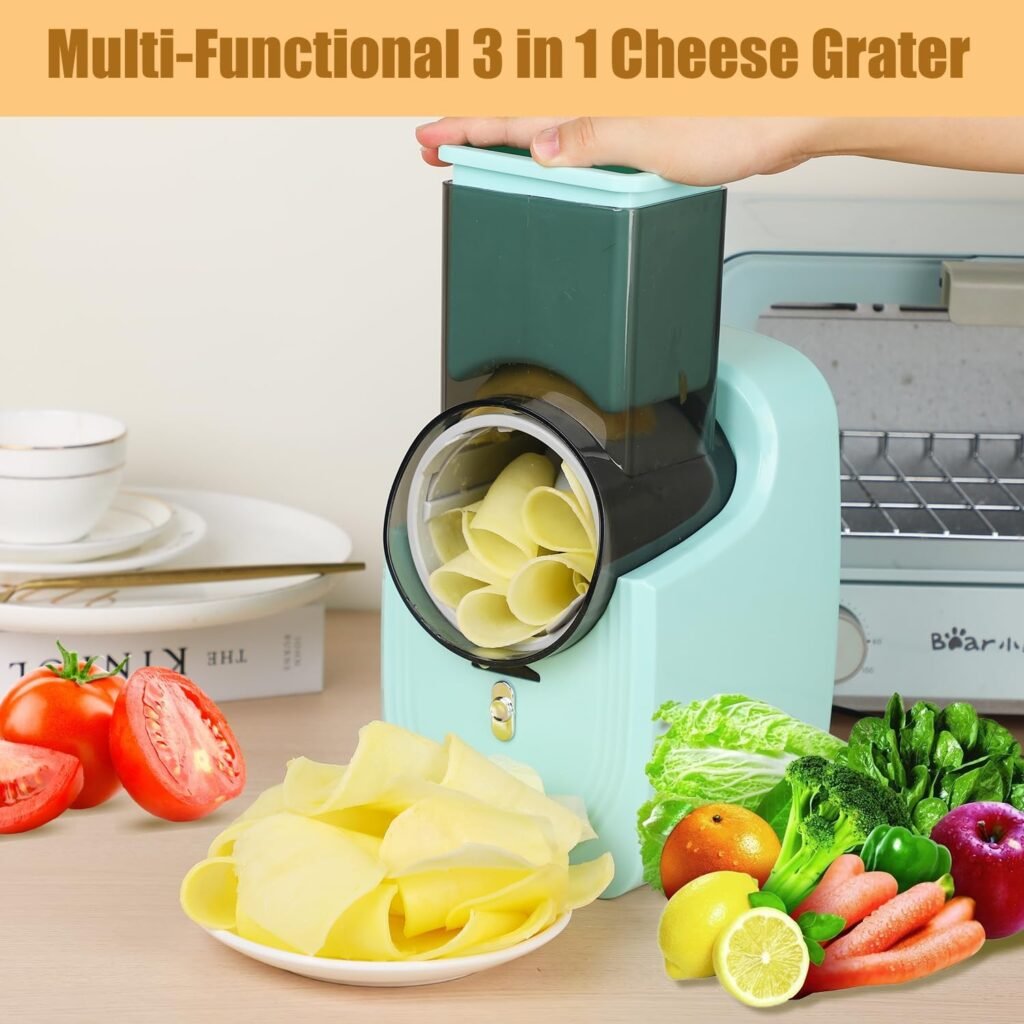 Electric Cheese Grater, Electric Slicer Shredder, Electric Vegetable Slicer Salad Maker, Fruit Cutter, Food Processor Spiralizer for Fruits Veggies with Multi Cone Blades, Stainless Steel, Green