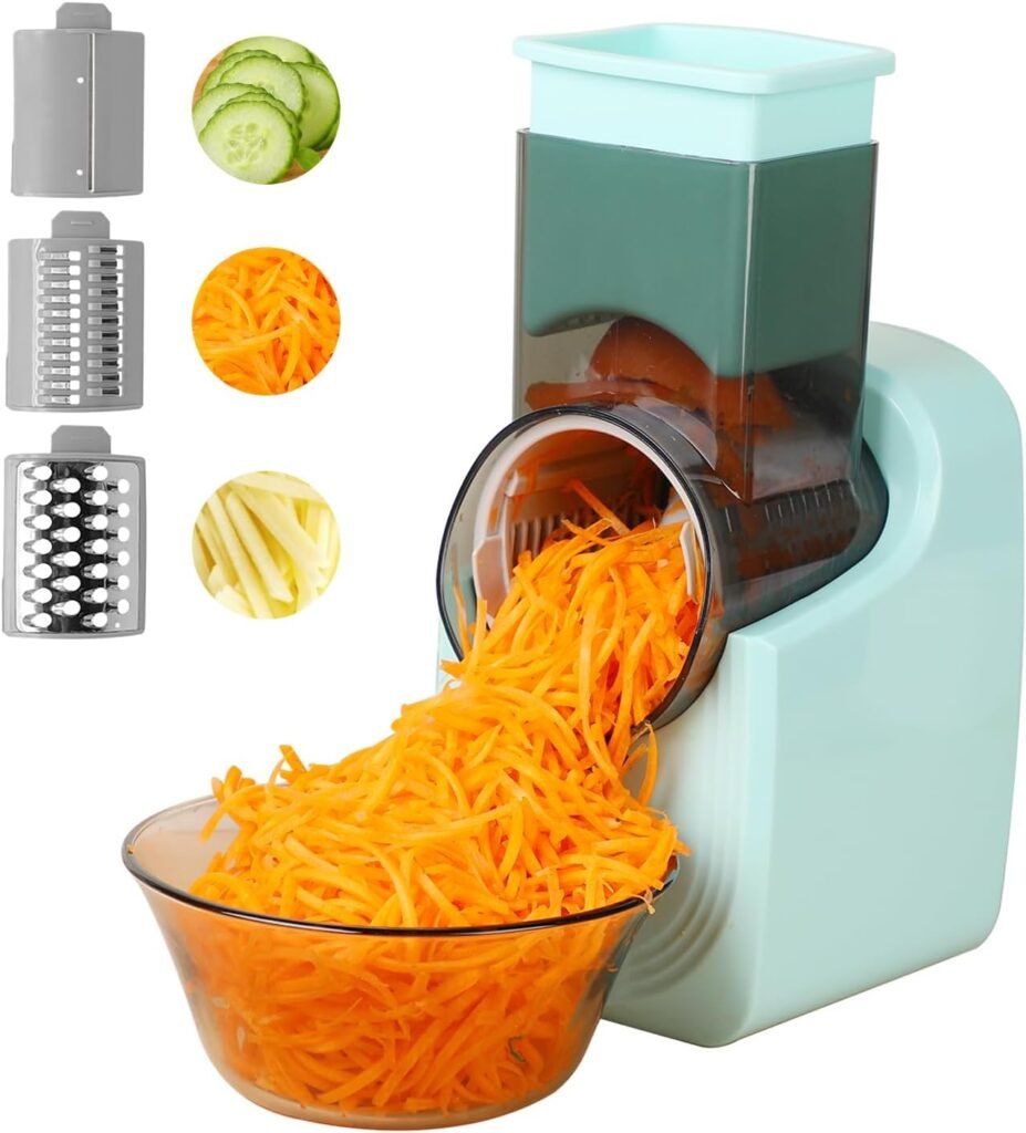 Electric Cheese Grater, Electric Slicer Shredder, Electric Vegetable Slicer Salad Maker, Fruit Cutter, Food Processor Spiralizer for Fruits Veggies with Multi Cone Blades, Stainless Steel, Green