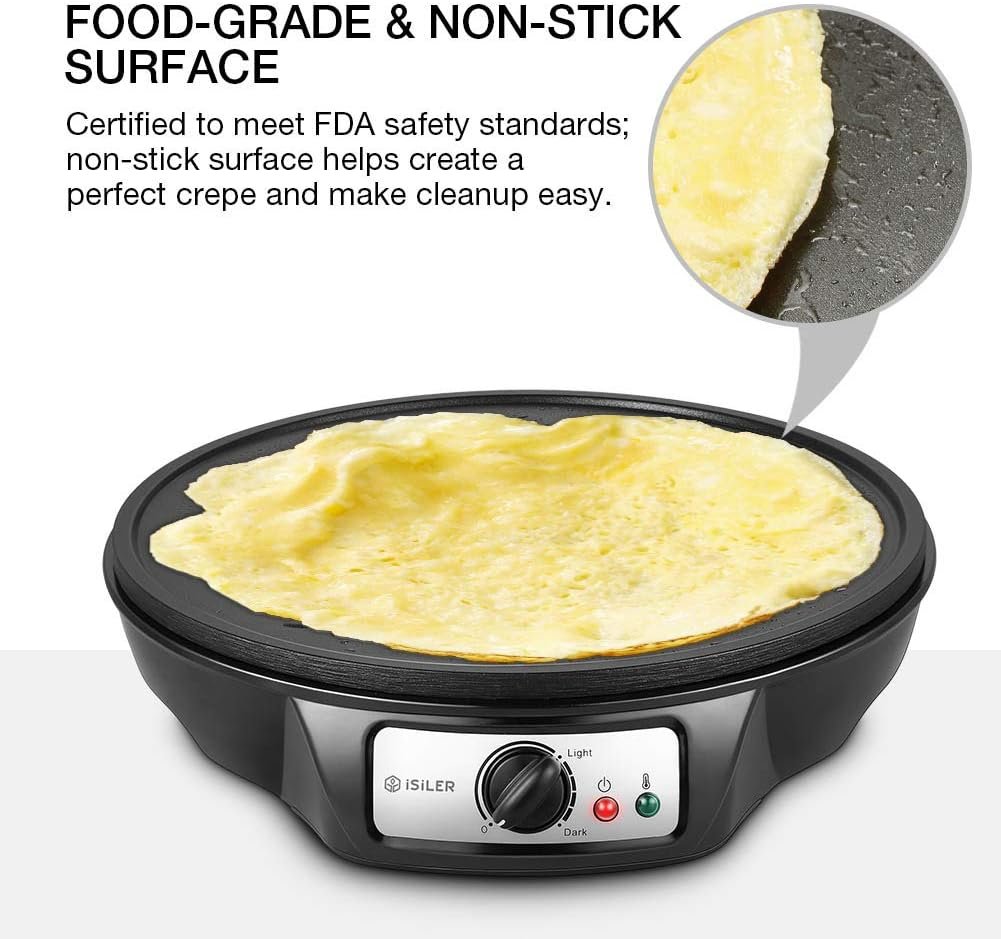 Electric Crepe Maker, iSiLER Nonstick Pancake Maker Griddle, 12 inches Crepe Pan with Spreader  Spatula, Temperature Control for Roti, Tortilla, Eggs