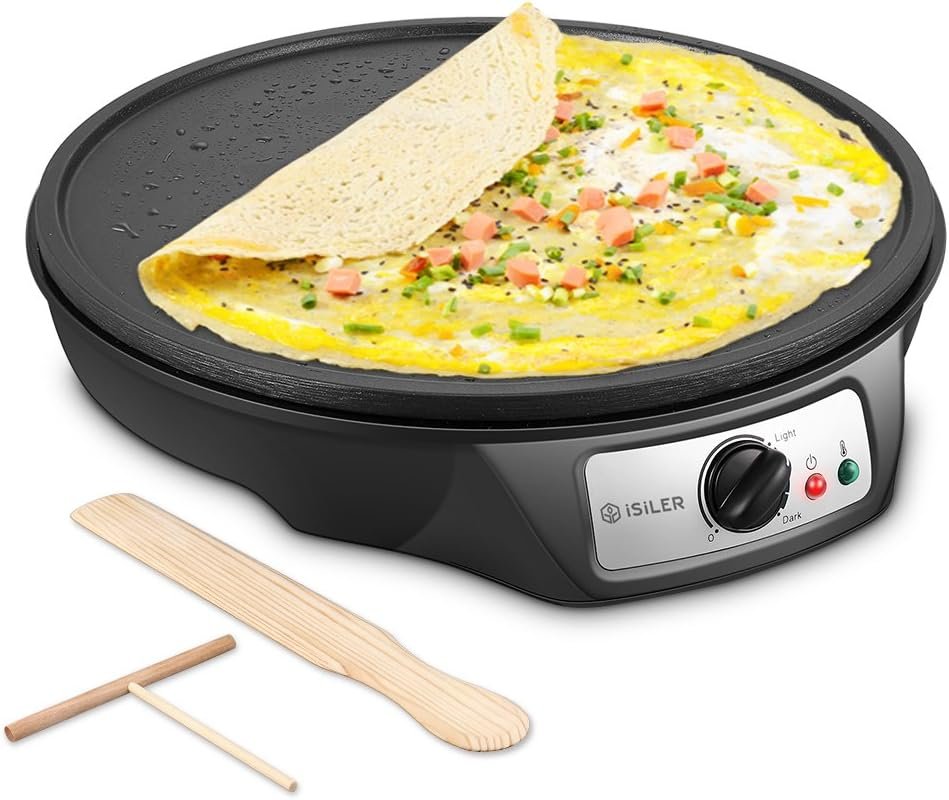 Electric Crepe Maker, iSiLER Nonstick Pancake Maker Griddle, 12 inches Crepe Pan with Spreader  Spatula, Temperature Control for Roti, Tortilla, Eggs