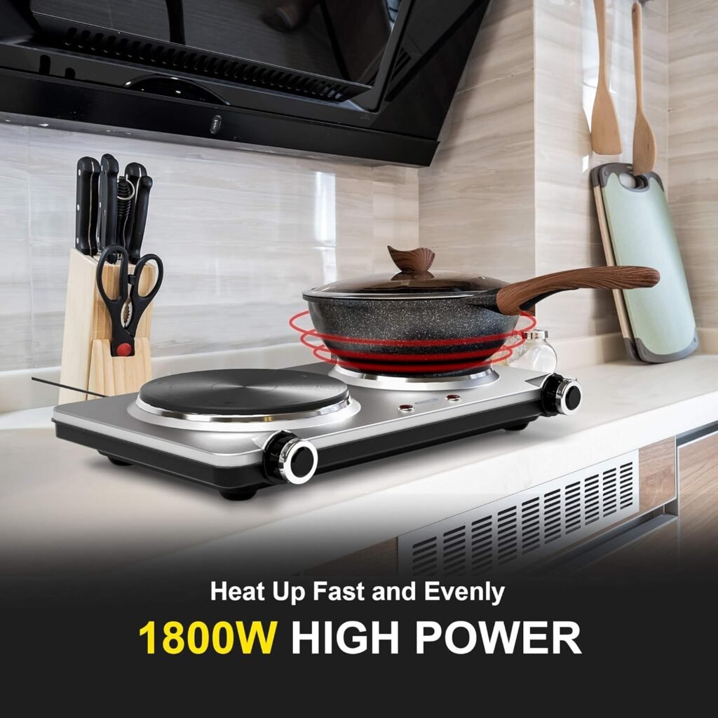 Electric Double Burner Hot Plate for Cooking, 1800W Portable Electric Stove, 6 Speed Adjustable Thermostats, Stainless Steel Hot Plate for Kitchen, Dorm and Camping