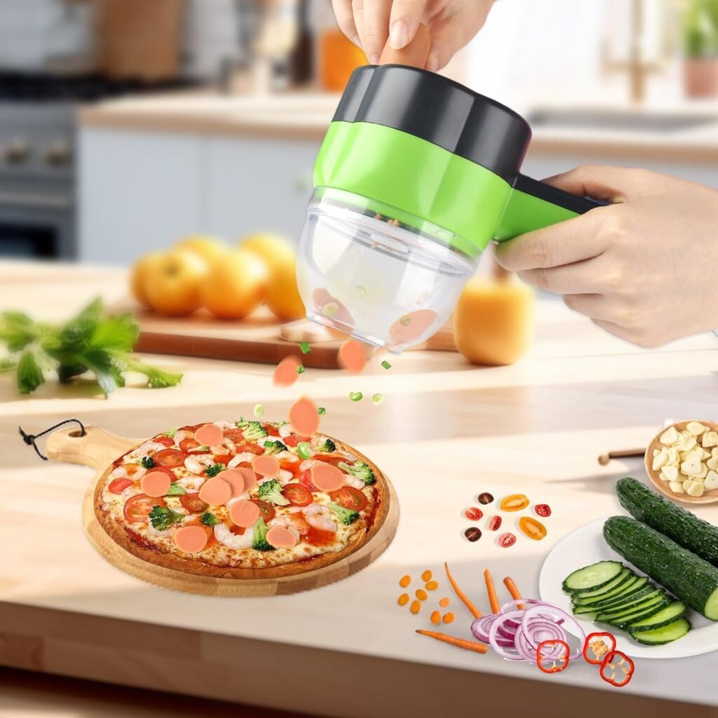 Electric Vegetable Slicer Set Vegetable Cutter 4 in 1 Portable, Rechargeable, Wireless Food Processor  Chopper Machine Mixer Food Slice for Home Kitchen Garlic Pepper Chili Onion Celery Ginger Meat