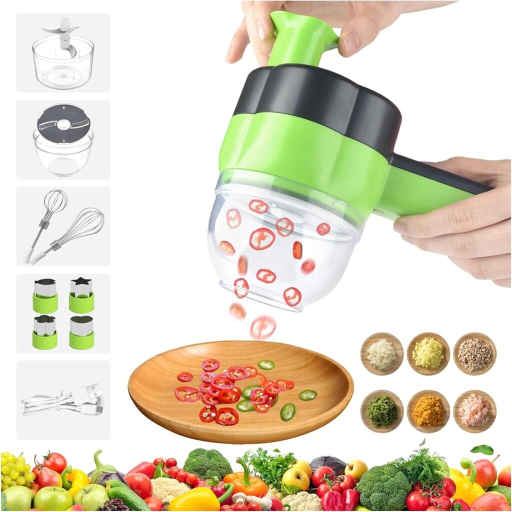 Electric Vegetable Slicer Set Vegetable Cutter 4 in 1 Portable, Rechargeable, Wireless Food Processor  Chopper Machine Mixer Food Slice for Home Kitchen Garlic Pepper Chili Onion Celery Ginger Meat