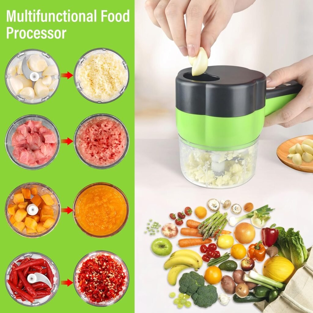 Electric Vegetable Slicer Set Vegetable Cutter 4 in 1 Portable, Rechargeable, Wireless Food Processor  Chopper Machine Mixer Food Slice for Home Kitchen Garlic Pepper Chili Onion Celery Ginger Meat