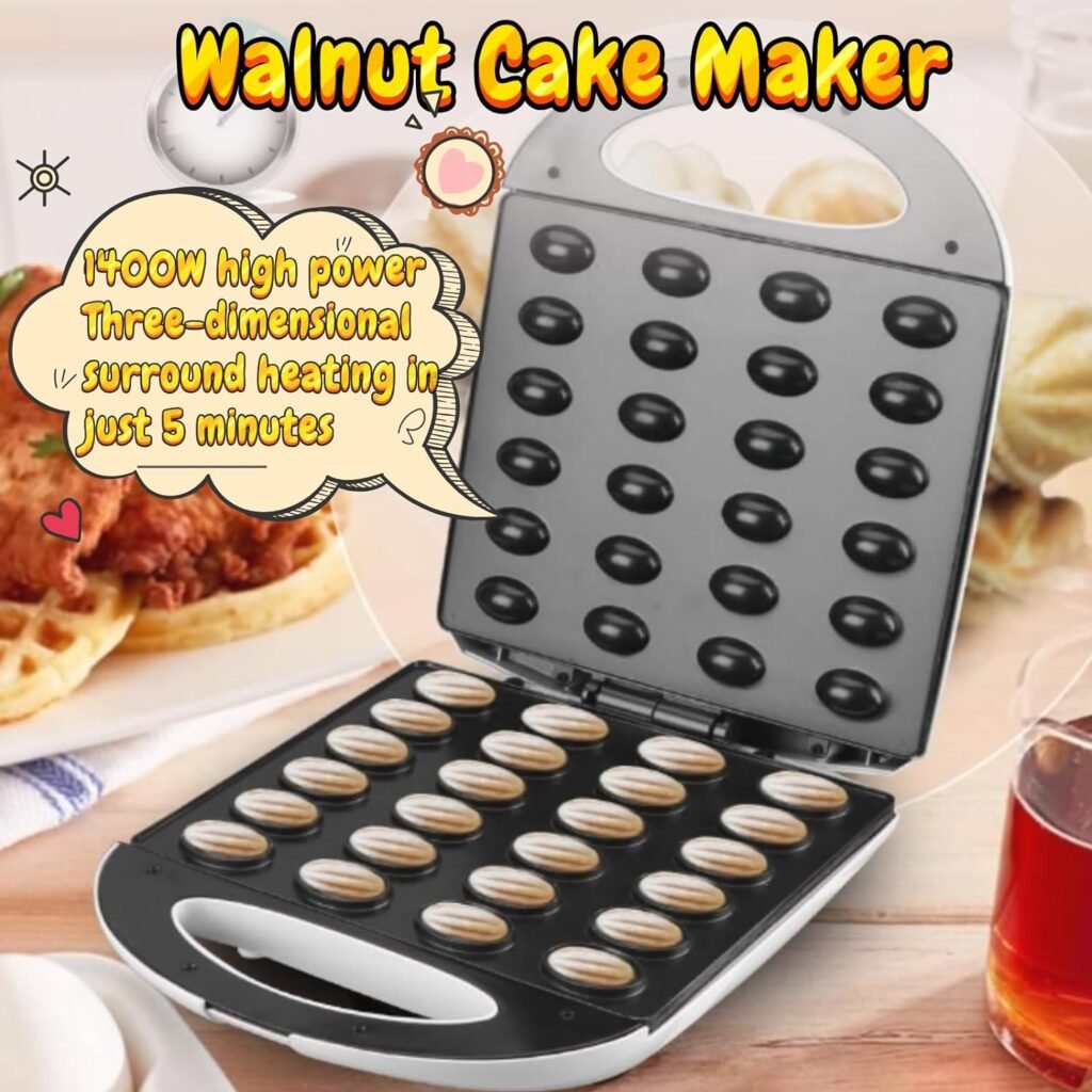 Electric Walnut Cake Maker, 24 PCS Automatic Mini Waffle Maker, 1400W Walnut Cake Maker Machine Non Stick Panel with Temperature Control (US Plug 110V) (US Plug 110V)