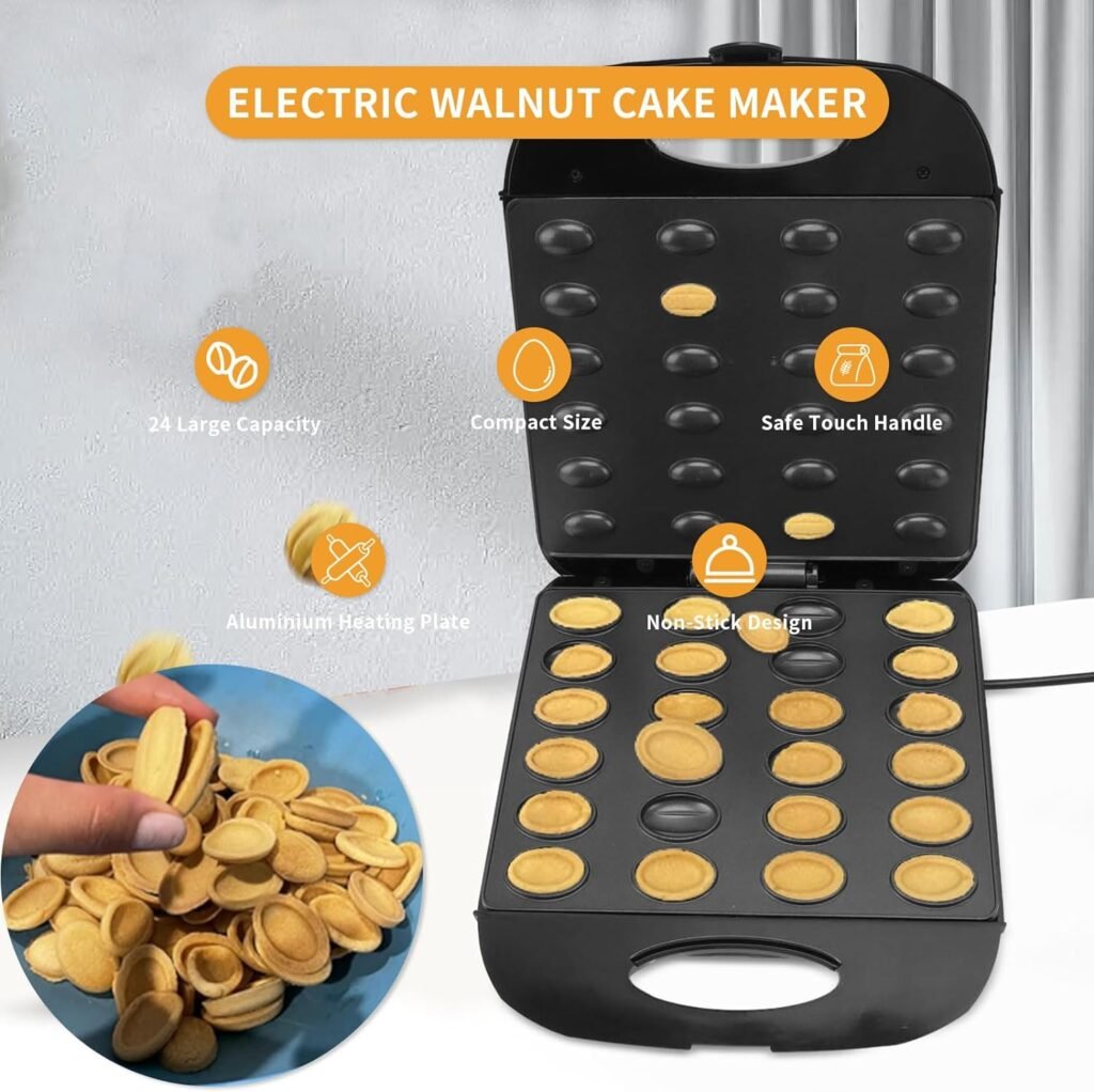 Electric Walnut Cake Maker, Automatic Mini Nut Waffle Bread Machine, Toaster Baking Breakfast Pan Oven, Non Stick Electric Walnut Cookie Maker, 1400W 24pcs Capacity (US Plug 110V)