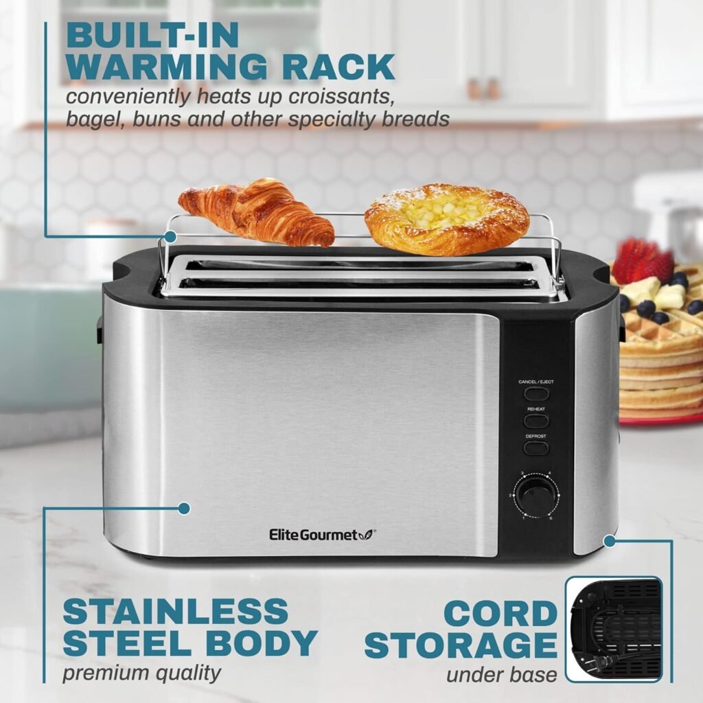 Elite Gourmet ECT1027B Cool Touch Toaster with 6 Temperature Settings  Extra Wide 1.25 Slots for Bagels, Waffles, Specialty Breads, Puff Pastry, Snacks, ETL Certified, 2 Slices, Black