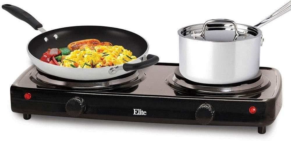 Elite Gourmet EDB-302BF Countertop Double Cast Iron Burner, 1500 Watts Electric Hot Plate, Temperature Controls, Power Indicator Lights, Easy to Clean, Black