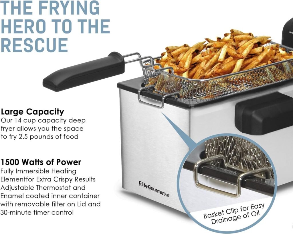 Elite Gourmet EDF2100 Electric Immersion Deep Fryer Removable Basket Adjustable Temperature, Lid with Viewing Window and Odor Free Filter, 2 Quart / 8.2 cup