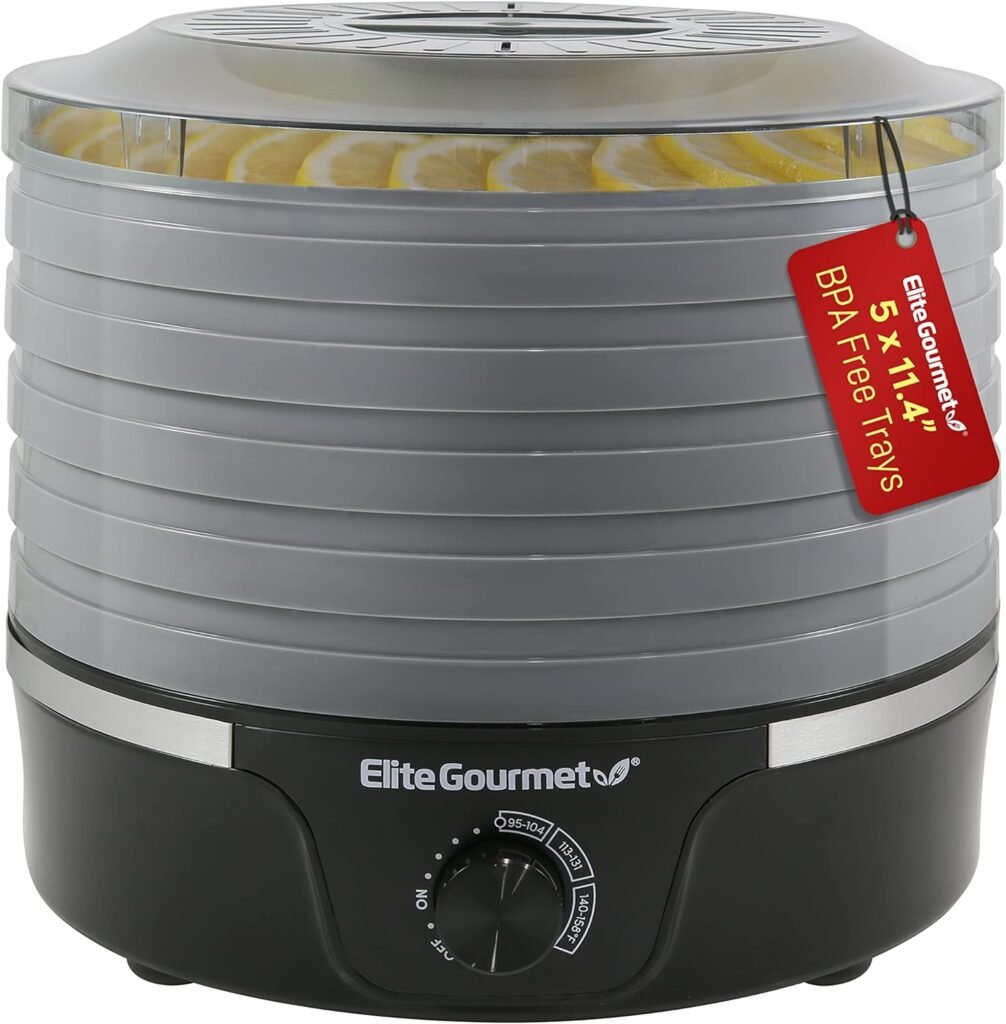 Elite Gourmet EFD319BNG Food Dehydrator, 5 BPA-Free 11.4 Trays Adjustable Temperature Controls, Jerky, Herbs, Fruit, Veggies, Dried Snacks, Black and Grey, 5 Trays