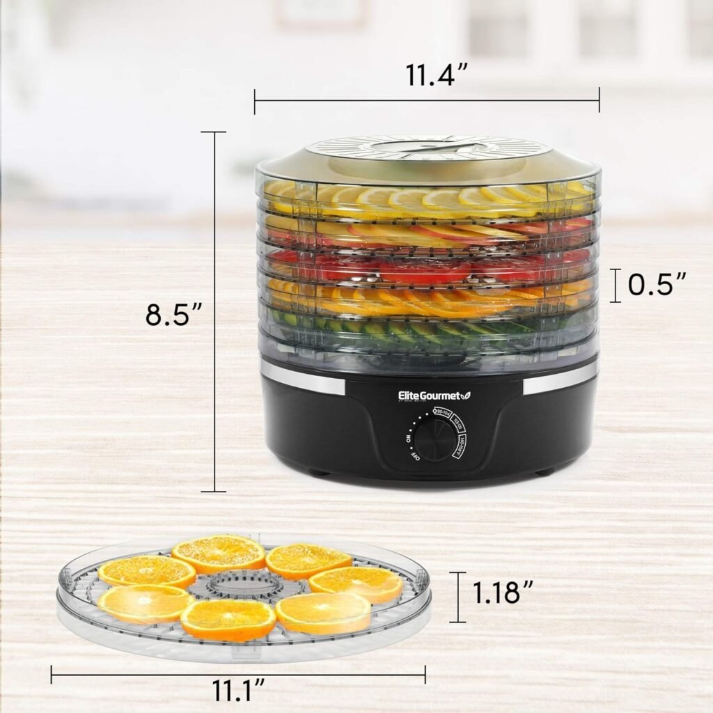 Elite Gourmet EFD319BNG Food Dehydrator, 5 BPA-Free 11.4 Trays Adjustable Temperature Controls, Jerky, Herbs, Fruit, Veggies, Dried Snacks, Black and Grey, 5 Trays