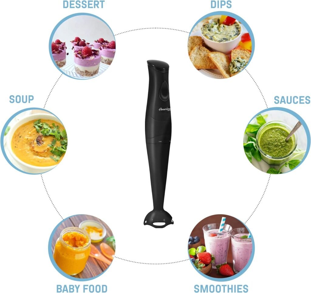 Elite Gourmet EHB-2425X Electric Immersion Hand Blender, Mixer, Chopper, 1-Touch Control Multi Purpose Electric Immersion Stick, Mixer, Chopper, 150 Watts, For Soups, Sauces, Baby Food, White