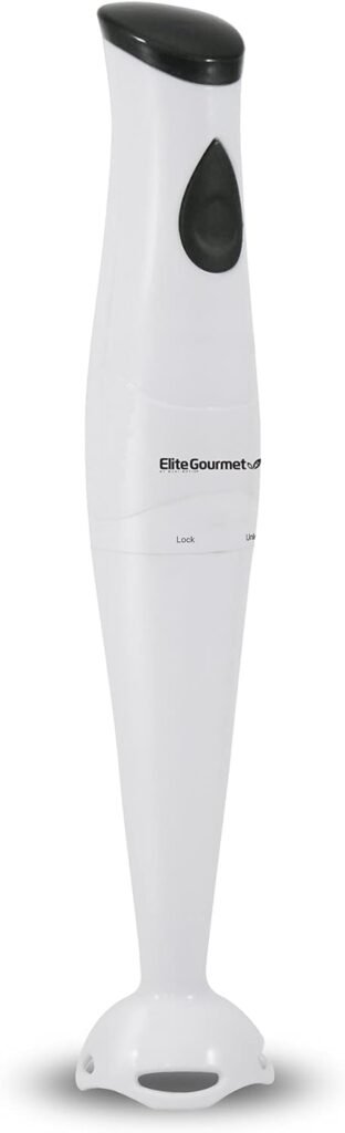 Elite Gourmet EHB-2425X Electric Immersion Hand Blender, Mixer, Chopper, 1-Touch Control Multi Purpose Electric Immersion Stick, Mixer, Chopper, 150 Watts, For Soups, Sauces, Baby Food, White