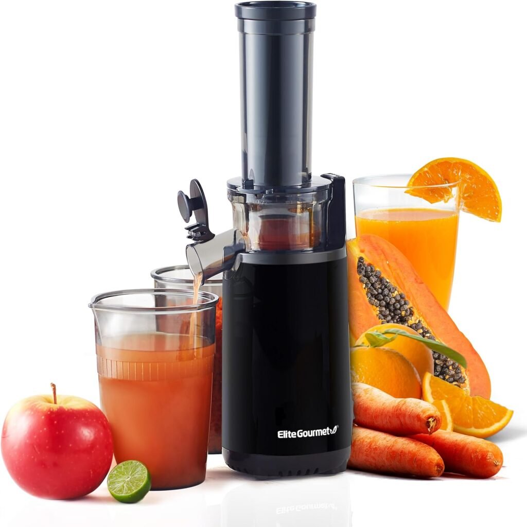 Elite Gourmet EJX600 Compact Small Space-Saving Masticating Slow Juicer, Cold Press Juice Extractor, Nutrient and Vitamin Dense, BPA-Free Tritan, Easy to Clean, 16 oz Juice Cup, Charcoal Grey