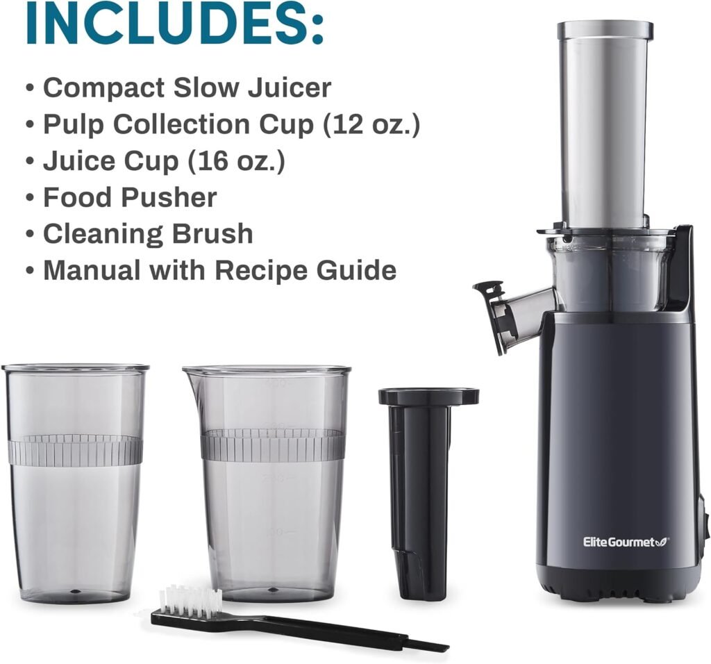 Elite Gourmet EJX600 Compact Small Space-Saving Masticating Slow Juicer, Cold Press Juice Extractor, Nutrient and Vitamin Dense, BPA-Free Tritan, Easy to Clean, 16 oz Juice Cup, Charcoal Grey