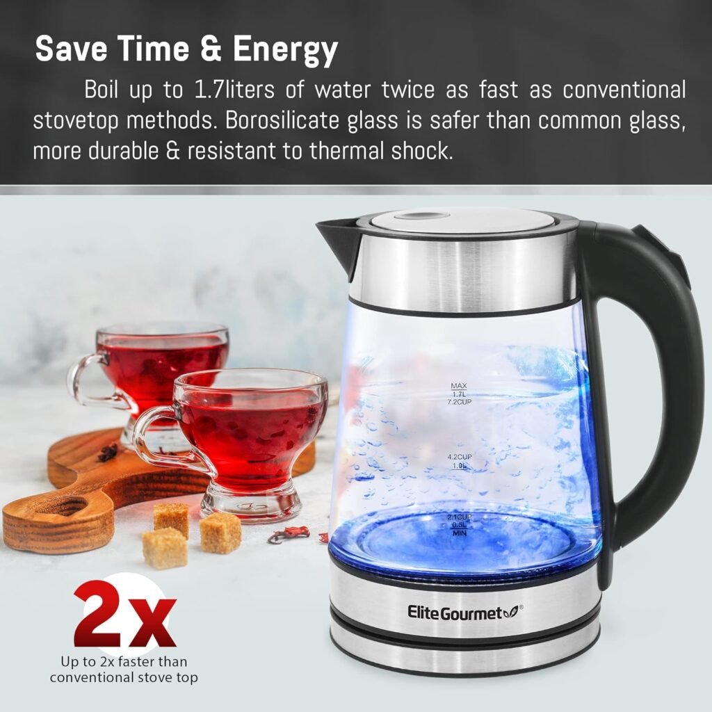 Elite Gourmet EKT-602 Electric 1.7L BPA Free Glass Kettle Cordless 360° Base, Stylish Blue LED Interior, Handy Auto Shut-Off Function – Quickly Boil Water For Tea  More, Stainless Steel