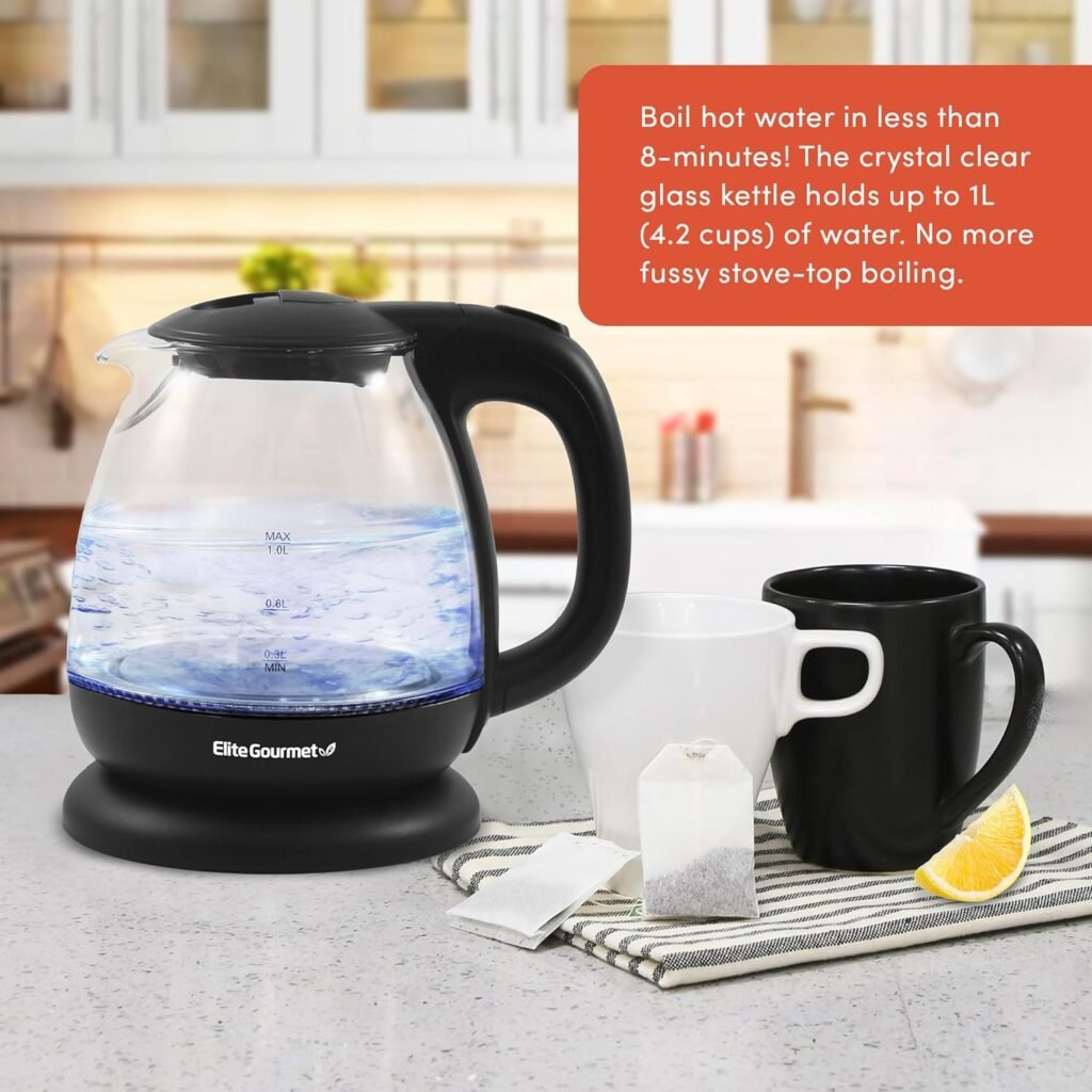 Elite Gourmet EKT-602 Electric 1.7L BPA Free Glass Kettle Cordless 360° Base, Stylish Blue LED Interior, Handy Auto Shut-Off Function – Quickly Boil Water For Tea  More, Stainless Steel