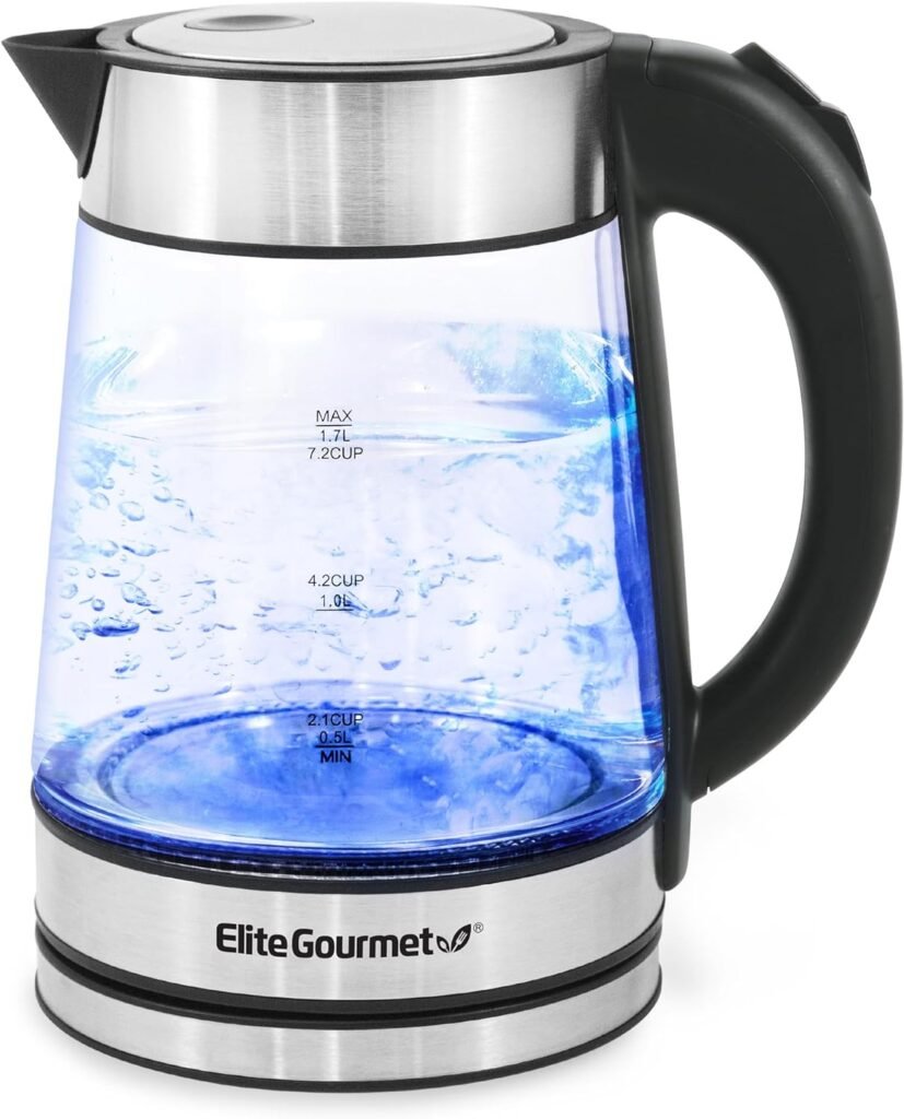 Elite Gourmet EKT-602 Electric 1.7L BPA Free Glass Kettle Cordless 360° Base, Stylish Blue LED Interior, Handy Auto Shut-Off Function – Quickly Boil Water For Tea  More, Stainless Steel