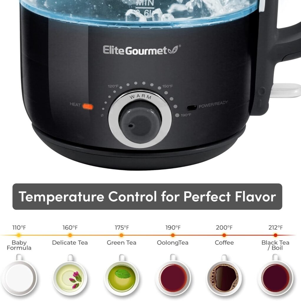 Elite Gourmet EKT1220M 1.2L Electric BPA-Free 1200W Glass Kettle, Temperature Dial Keep Warm Function, Cordless 360° Base, Blue LED Interior, Auto Shut-Off Function – Quick Boil, Mint